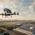Aeronave elétrica de pouso e decolagem vertical sobre uma área urbana, em representação conceitual da mobilidade aérea no Brasil