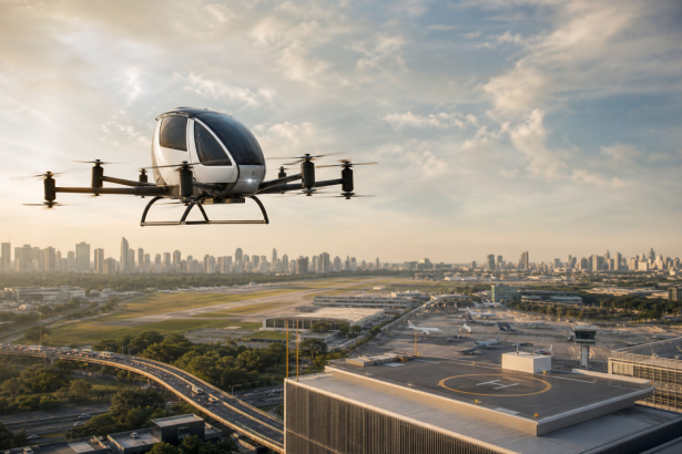 Aeronave elétrica de pouso e decolagem vertical sobre uma área urbana, em representação conceitual da mobilidade aérea no Brasil