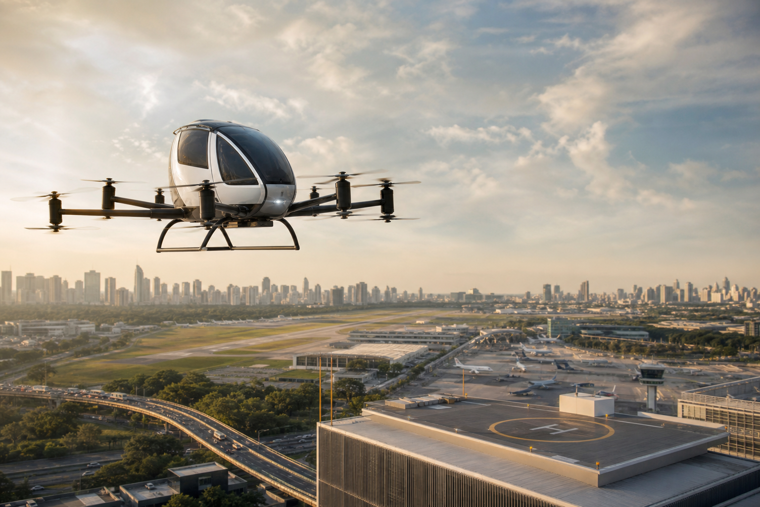 Aeronave elétrica de pouso e decolagem vertical sobre uma área urbana, em representação conceitual da mobilidade aérea no Brasil