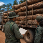 Agentes ambientais fiscalizam caminhão com produtos florestais em estrada brasileira