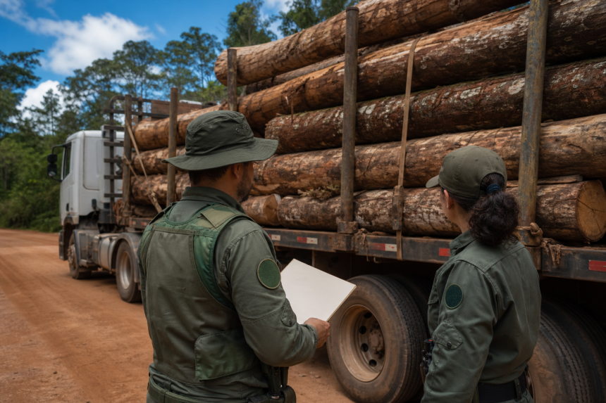 Agentes ambientais fiscalizam caminhão com produtos florestais em estrada brasileira
